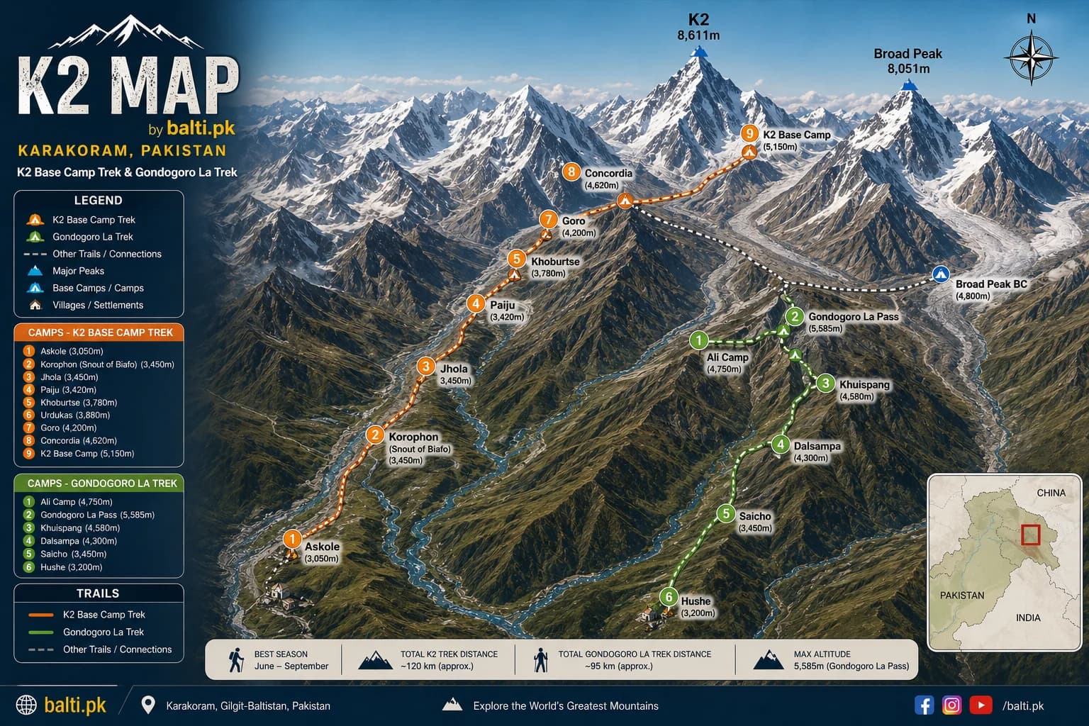 K2 Base Camp and Gondogoro La trekking route map